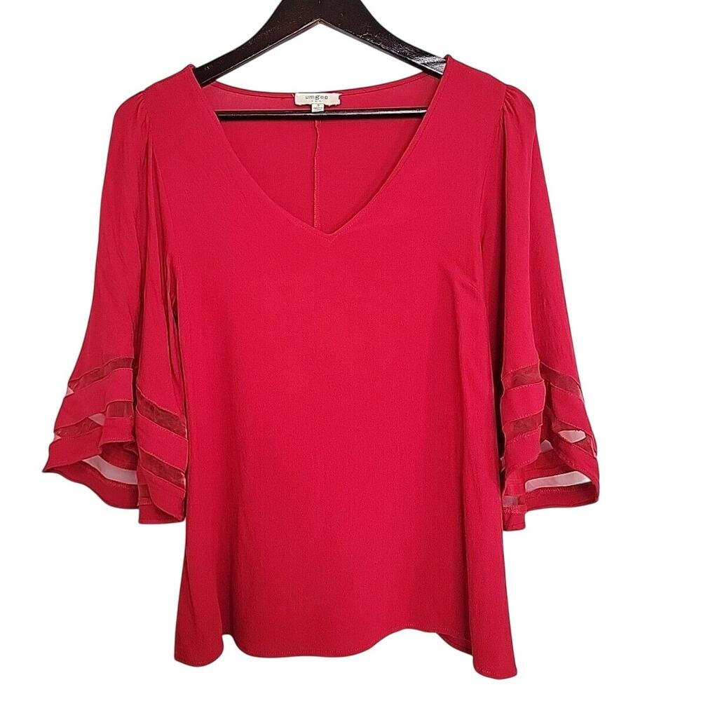 Umgee Womens Small Red V Neck Blouse Flare‎ Bell 3/4 Sleeves See Description